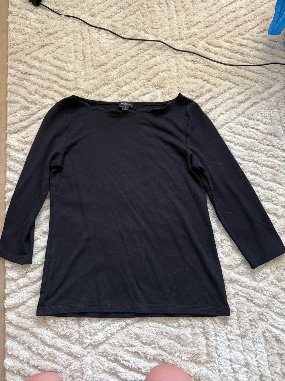 Ann Taylor Factory Black Scallop Neck Long Sleeve Top